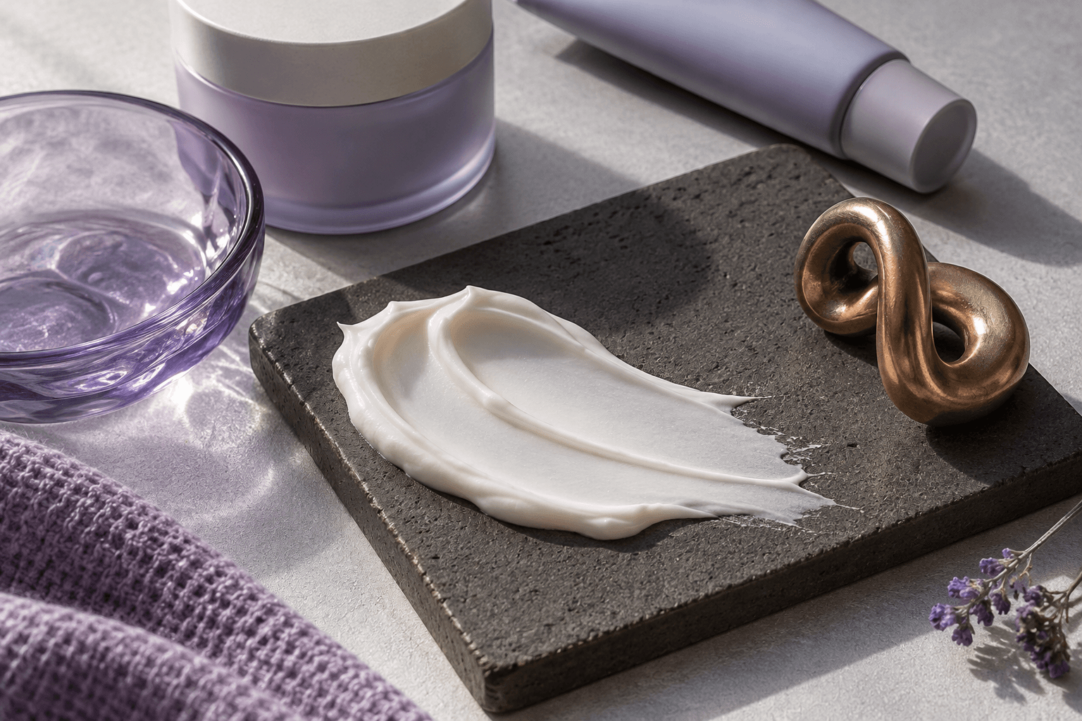 Cream on a charcoal tile beside a copper-colored sculpture