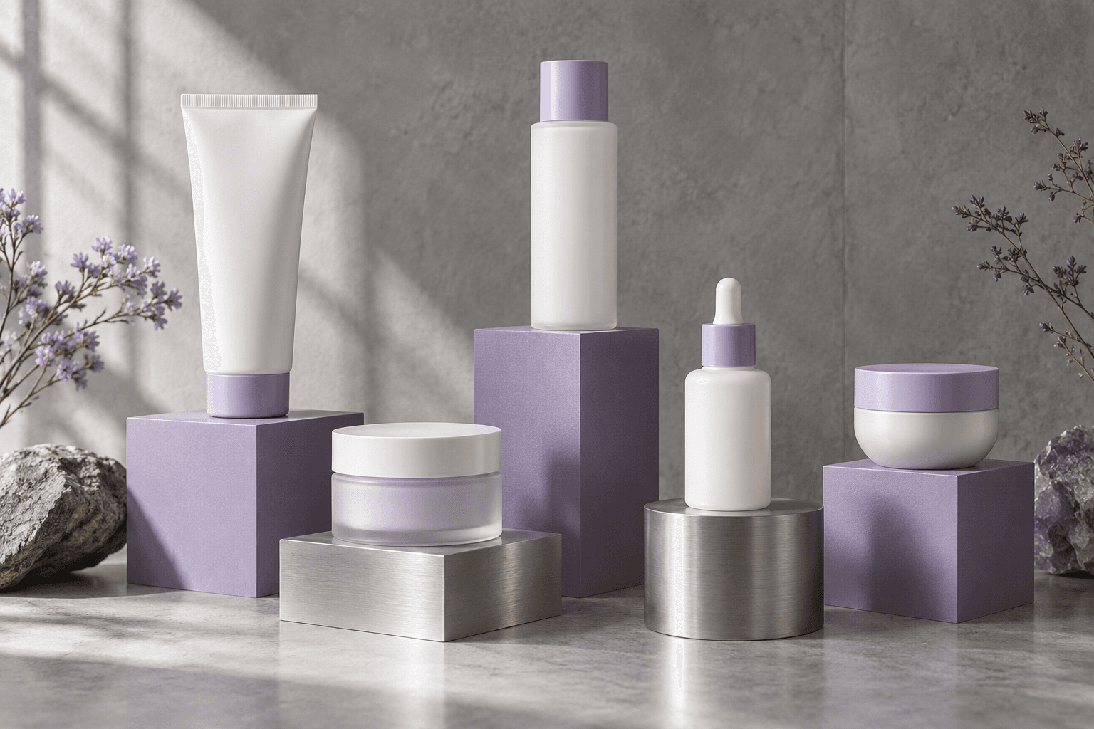 Five unmarked skincare containers on different-height violet and silver platforms