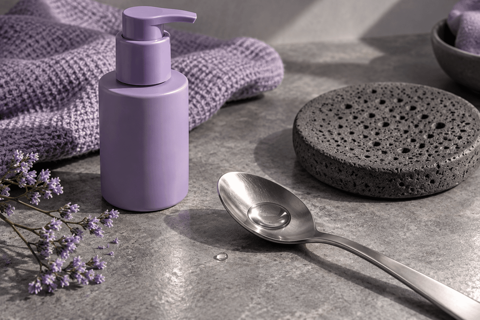 Lavender pump bottle and a water drop beside a porous charcoal disc