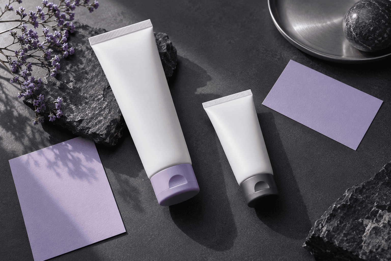 Two different unmarked skincare tubes with blank paper labels on a graphite surface