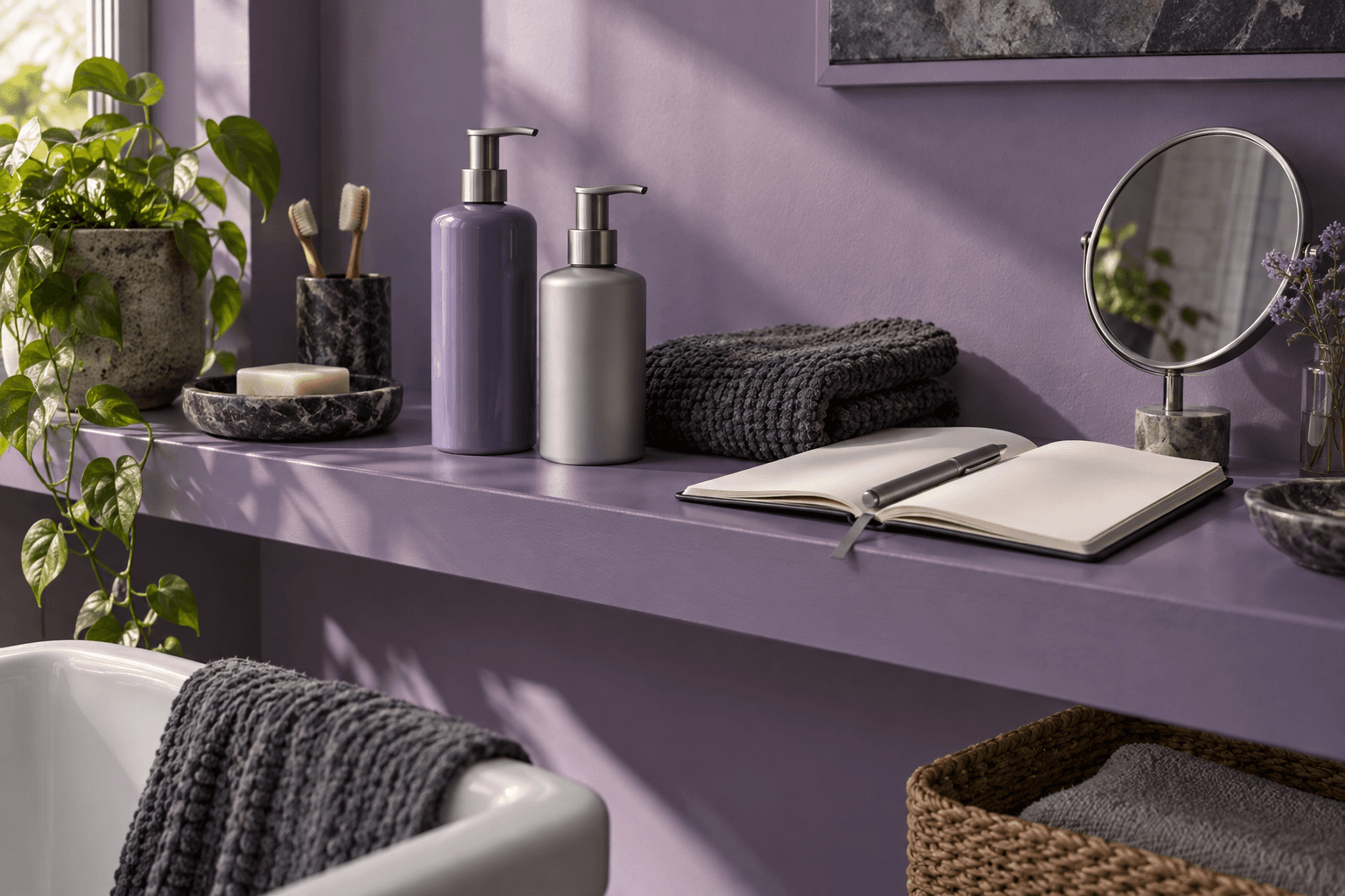 An open blank notebook with everyday skincare props on a violet bathroom shelf