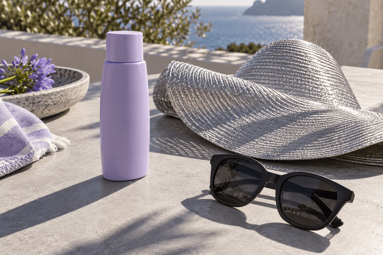 Unmarked sunscreen bottle casting a crisp shadow beside sunglasses and a silver hat