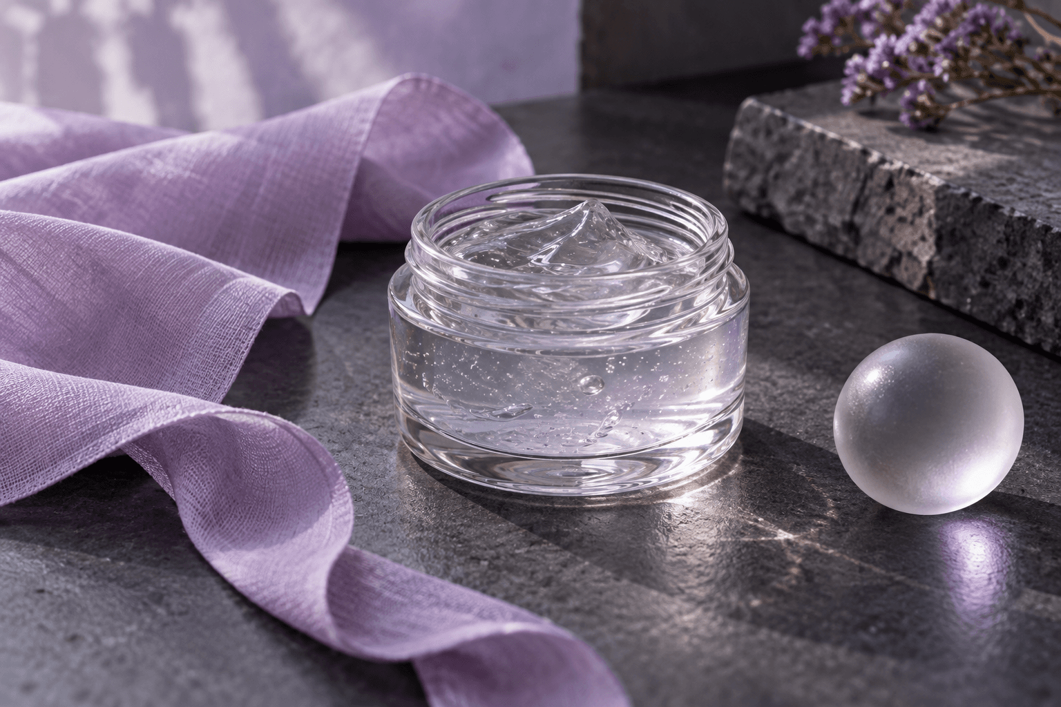 Clear gel in an unmarked jar with folded lilac fabric on a dark tabletop