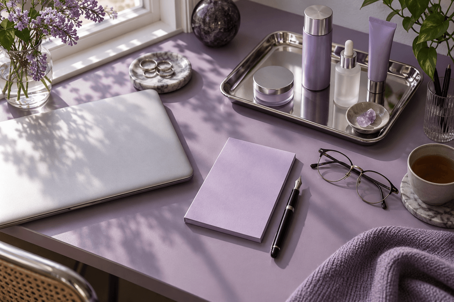 A blank notepad, pen, glasses, and closed laptop on a violet desk